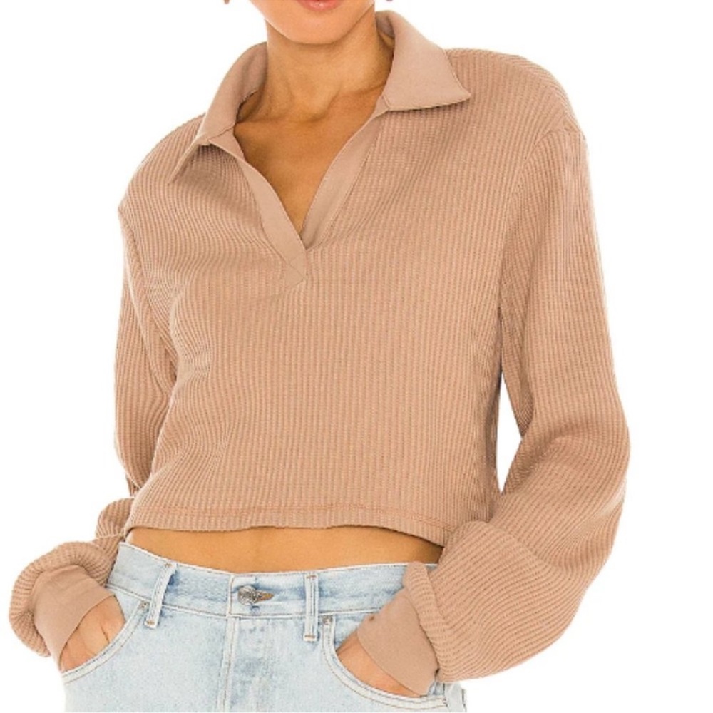 The Range Jumbo Stark Cropped Waffle Knit Stretch Cotton Brown Polo Top